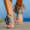 Dheva-C Tassel Sandals for Women, Retro Bohemian Fringe Casual Shoes Flat Clip Toe Ankle Boots Beach Sandals T-Strap Roman Open-Toe Sandals (Khaki, 6.5) view 1