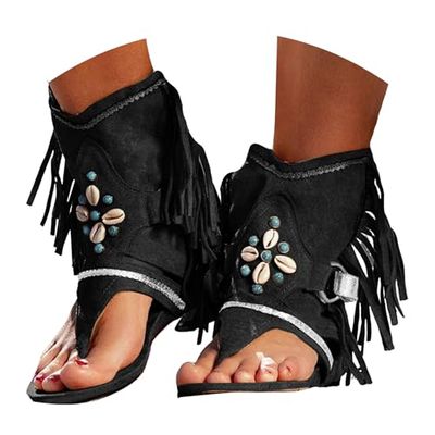 Dheva-C Tassel Sandals for Women, Retro Bohemian Fringe Casual Shoes Flat Clip Toe Ankle Boots Beach Sandals T-Strap Roman Open-Toe Sandals (Black, 7)