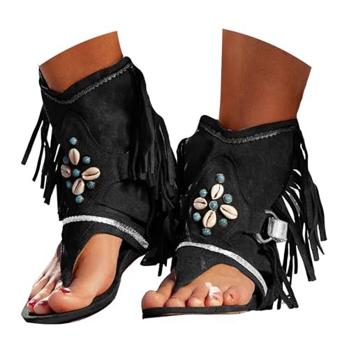 Dheva-C Tassel Sandals for Women, Retro Bohemian Fringe Casual Shoes Flat Clip Toe Ankle Boots Beach Sandals T-Strap Roman Open-Toe Sandals (Black, 7)