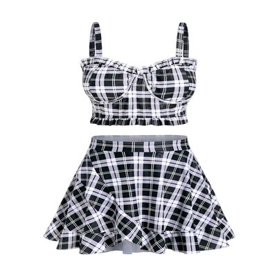 ROSE GAL Plus Size Ruffles Flounce Padded Plaid Three Piece Skirt Tankini Swimsuit Black