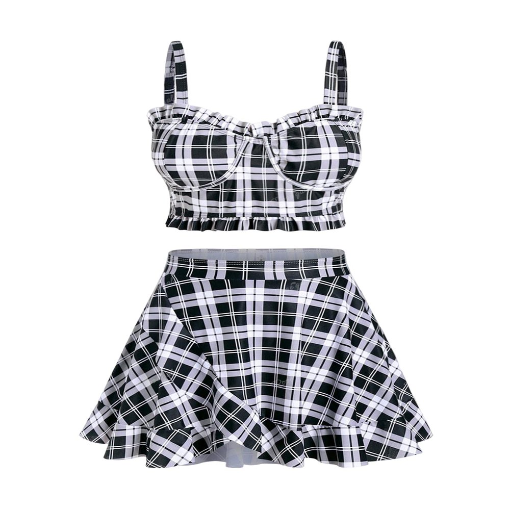 ROSE GAL Plus Size Ruffles Flounce Padded Plaid Three Piece Skirt Tankini Swimsuit Black