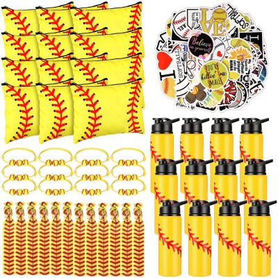 LEIFIDE 148 Pcs Softball Team Gifts Include Softball Water Bottle Makeup Bags Softball Bracelet Hair Ties Sticker Softball Accessories Softball Party Favors for Birthday Supplies