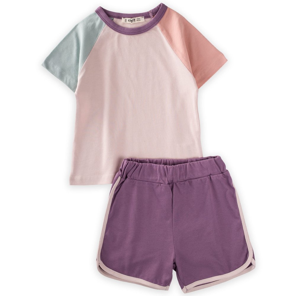Cigit Concept CGT - Powder Pink 100% Cotton T-Shirt and Shorts Set for Girls (2-7 Years),Flexible and Comfortable (18-24 Months)