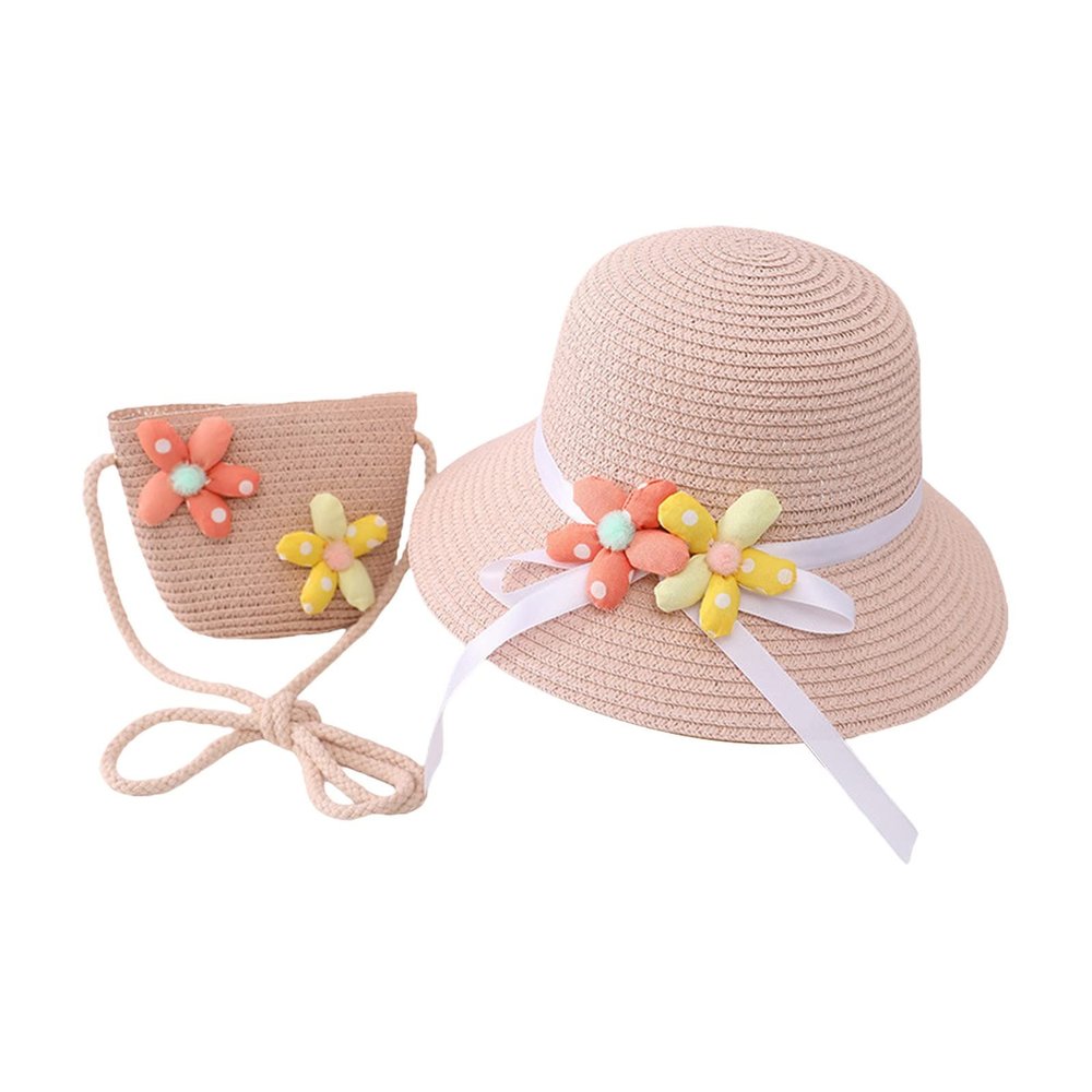Toddler Sun Hat Summer Straw Hat Bag Set Woven Wide Brim Sun Beach Hats with Shoulder Bag Outdoor (Pink, One Size)