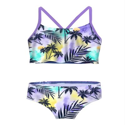 Hularka Kids Girls Two-Piece Swimsuit Tankini Set Swimwear Floral Printed Crop Top with Bottoms Beach Wear Purple Palm 3-4
