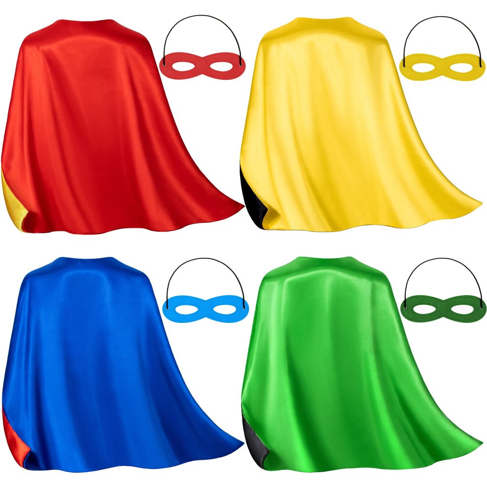 4 Color Sets Kids Double-Sided Superhero Capes and Masks - Super Hero Cape Perfect for Dress-Up, Halloween, Christmas, Cosplay, and Birthday Parties (4 Sets)