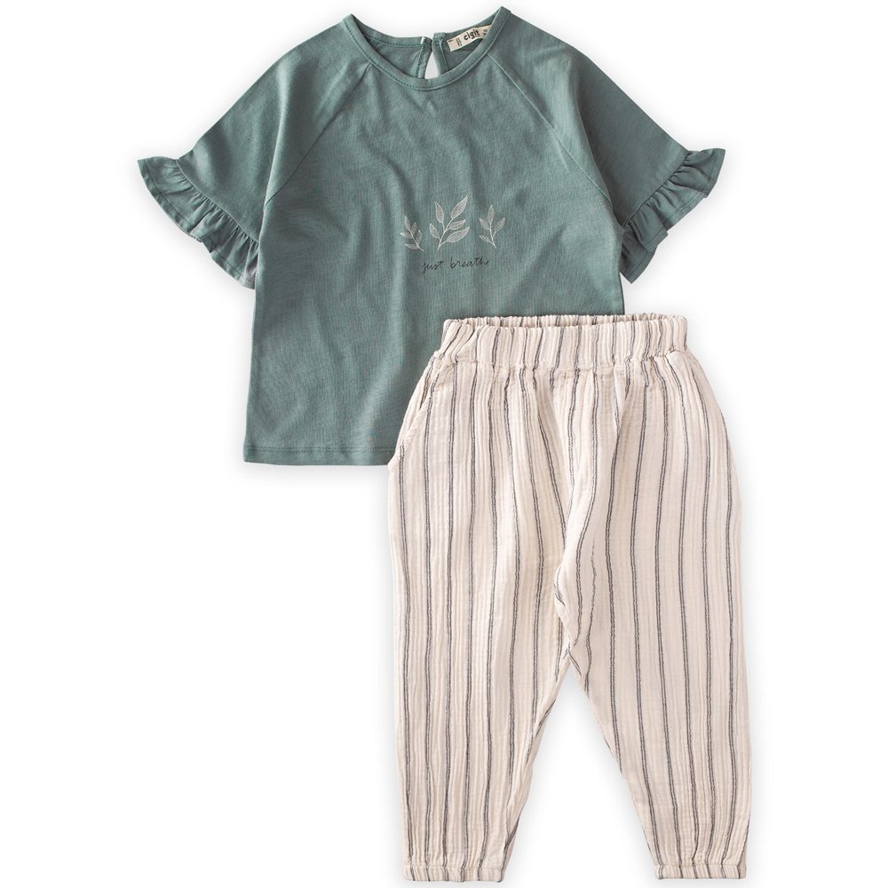 Cigit Concept Girls' Just Breathe Printed T-Shirt and Muslin Trousers 100% Cotton Set - Green (2-8 Years) - Flexible and Comfortable (6-7 Years)