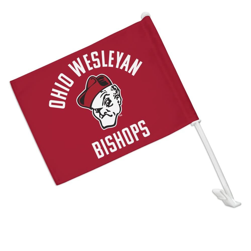 Ohio Wesleyan University Battling Bishops Logo Car Truck Flag with Window Clip On Pole Holder - Right Passenger Side