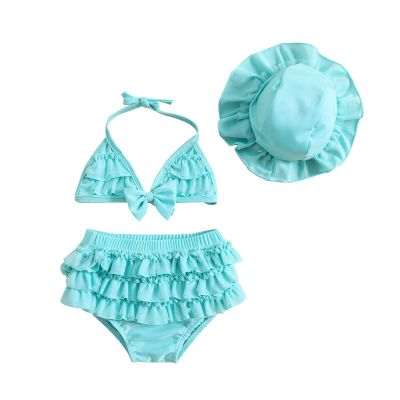 Yccutest Infant Baby Girl Flower Swimsuit 3Pcs Halter Triangle Tops Ruffle Bottoms Sun Hat Bikini Set Bathing Suit Swimwear (S-Blue,18-24 Months)