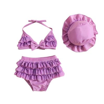 Yccutest Infant Baby Girl Flower Swimsuit 3Pcs Halter Triangle Tops Ruffle Bottoms Sun Hat Bikini Set Bathing Suit Swimwear (S-Purple,6-12 Months)