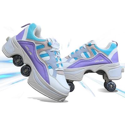 LDRFSE Roller Skate Shoes for Men Women 2-in-1 Double-Row Deform Wheel Roller Skates Sneakers Shoes with Wheels Indoor Outdoor Skates Shoes for Youth Boys and Girls Purple