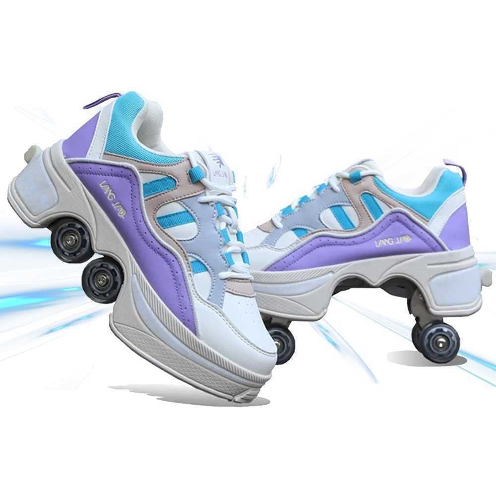 LDRFSE Roller Skate Shoes for Men Women 2-in-1 Double-Row Deform Wheel Roller Skates Sneakers Shoes with Wheels Indoor Outdoor Skates Shoes for Youth Boys and Girls Purple
