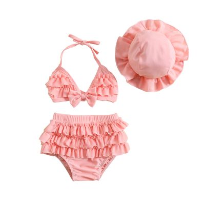Yccutest Infant Baby Girl Flower Swimsuit 3Pcs Halter Triangle Tops Ruffle Bottoms Sun Hat Bikini Set Bathing Suit Swimwear (S-Pink,0-6 Months)