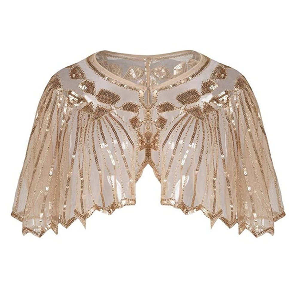 Heavyoff 1920s Sequined Shawl Wraps Fringed Evening Cape Wedding Bridal Shawl Scarf Cover Up for Evening Dresses Party, C-Apricot, One Size (12" Length)