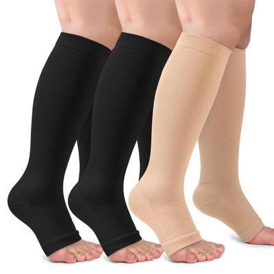 3 Pack Plus Size Open Toe Compression Socks for Women & Men Wide Calf, Toeless Knee High Stockings for Circulation Support, Black Nude 4X-Large