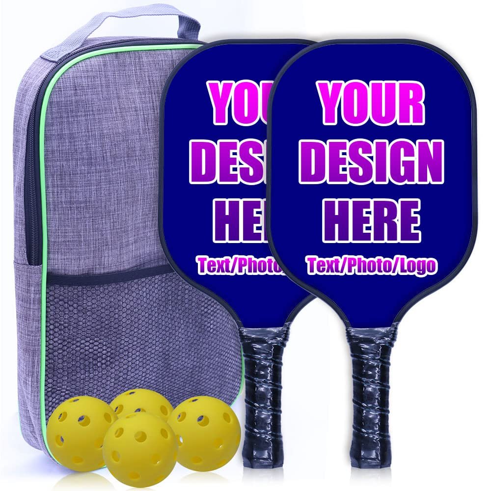 iPrint Pickleballs Paddles Custom, Pickleballs Rackets Design Your Own Photo Text Logo Pickleballs Paddles Set of 2 with 4 Pickleballs Balls and 1 Bag, Gifts for Beginners & Pros, Navy
