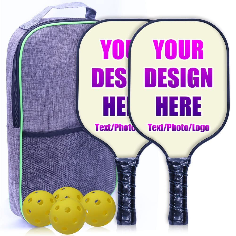 iPrint Personalized Pickleballs Paddles Set of 2 with 4 Balls and 1 Portable Carry Bag, Custom Photo Text Logo Paddles Comfort Grip Pickle Ball Rackets, Beige