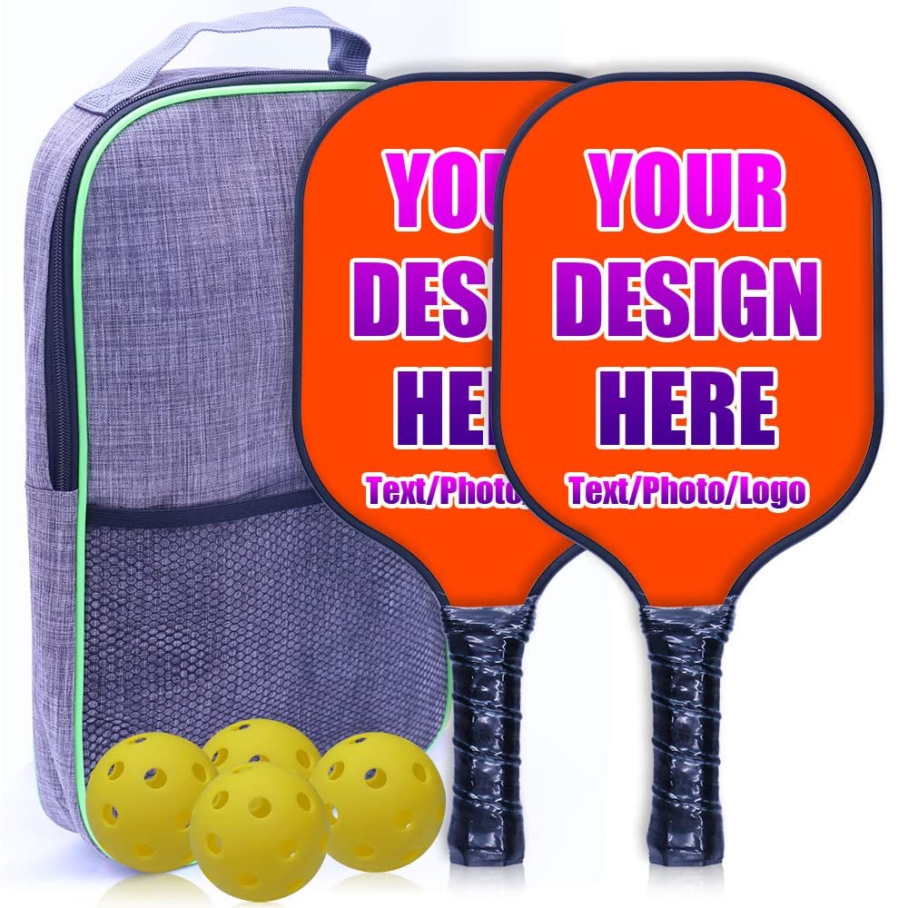 iPrint Personalized Pickleballs Paddles Set of 2 with 4 Balls and 1 Portable Carry Bag, Custom Photo Text Logo Paddles Comfort Grip Pickle Ball Rackets, Orange Red