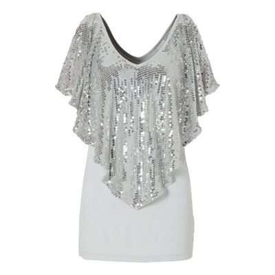 Women's Sequin Shawl Sleeve V-Neck T-Shirt Cutout Sleeve Sexy Blouse Tops Slim Fit Casual Patchwork Tee Tops (Grey,Medium)