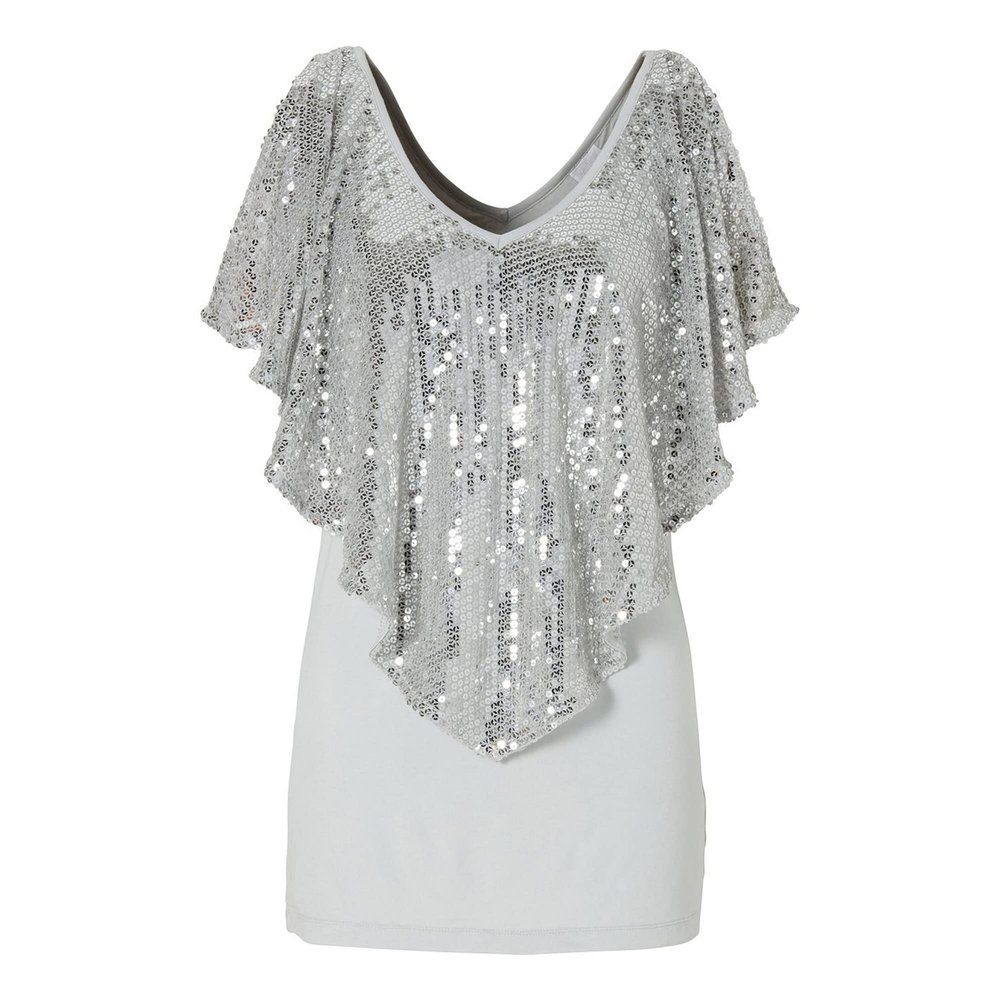 Women's Sequin Shawl Sleeve V-Neck T-Shirt Cutout Sleeve Sexy Blouse Tops Slim Fit Casual Patchwork Tee Tops (Grey,Medium)