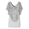 Women's Sequin Shawl Sleeve V-Neck T-Shirt Cutout Sleeve Sexy Blouse Tops Slim Fit Casual Patchwork Tee Tops (Grey,Medium) view 1