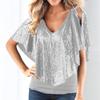 Women's Sequin Shawl Sleeve V-Neck T-Shirt Cutout Sleeve Sexy Blouse Tops Slim Fit Casual Patchwork Tee Tops (Grey,Medium) view 2