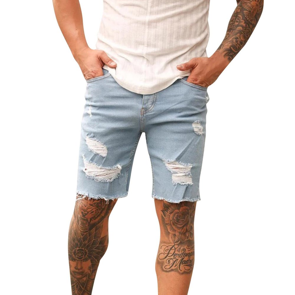 GOKKILRW Mens Distressed Ripped Raw Hem High Waist Denim Shorts Slim Fit Hipster Hip Hop Tapered Leg Jeans Shorts with Hole(Blue,3X-Large)