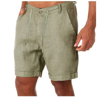 GOKKILRW Mens Cotton Linen Casual Shorts Elastic Waist Drawstring Summer Lightweight Loose Summer Beach Shorts(Green,XX-Large)