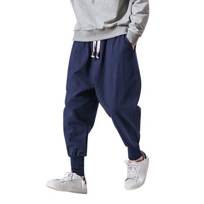 GOKKILRW Mens Hipster Hip Hop Harem Jogger Pants Drawstring Elastic Waist Cotton Linen Baggy Drop Crotch Wide Leg Sweatpants(Navy,XX-Large)