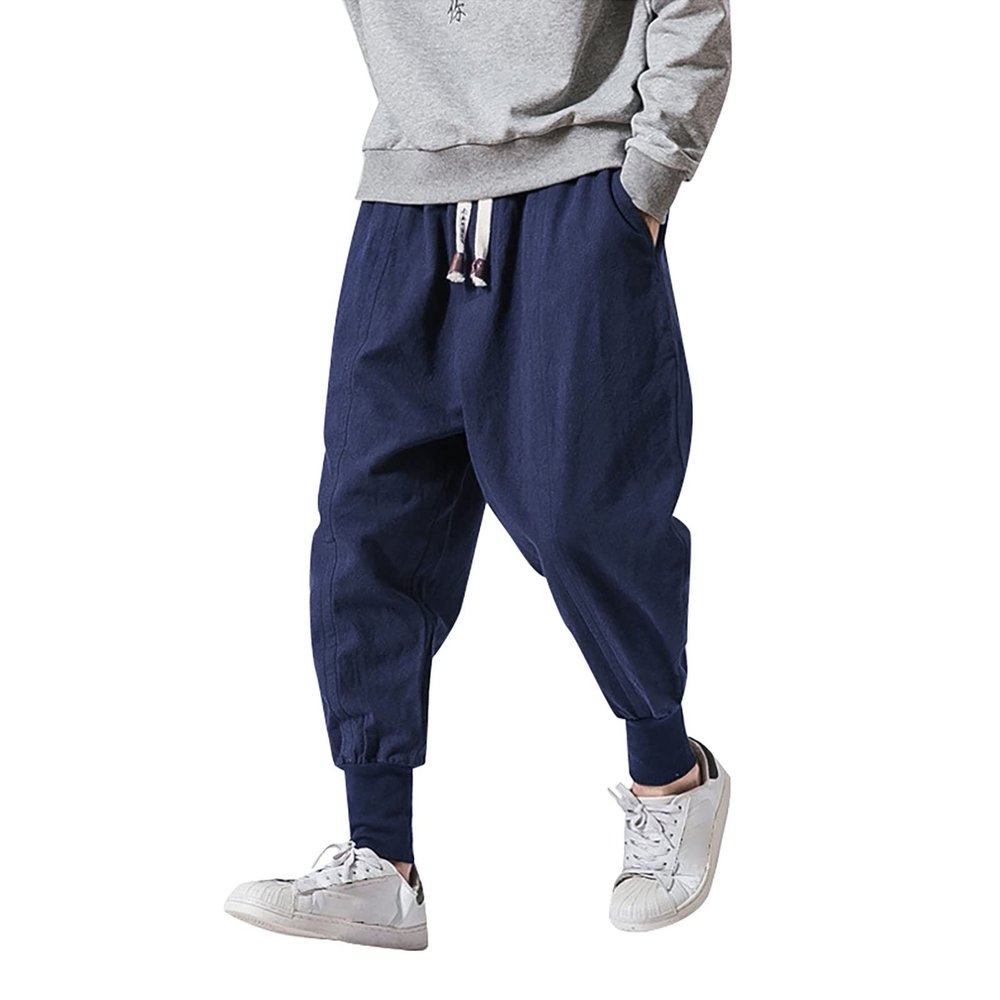 GOKKILRW Mens Hipster Hip Hop Harem Jogger Pants Drawstring Elastic Waist Cotton Linen Baggy Drop Crotch Wide Leg Sweatpants(Navy,XX-Large)