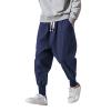 GOKKILRW Mens Hipster Hip Hop Harem Jogger Pants Drawstring Elastic Waist Cotton Linen Baggy Drop Crotch Wide Leg Sweatpants(Navy,XX-Large) view 1