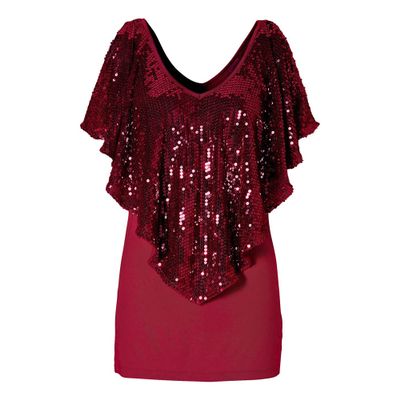 Women's Sequin Shawl Sleeve V-Neck T-Shirt Cutout Sleeve Sexy Blouse Tops Slim Fit Casual Patchwork Tee Tops (Red,XX-Large)