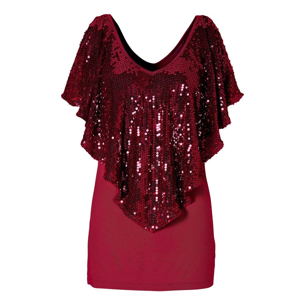 Women's Sequin Shawl Sleeve V-Neck T-Shirt Cutout Sleeve Sexy Blouse Tops Slim Fit Casual Patchwork Tee Tops (Red,XX-Large)