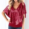 Women's Sequin Shawl Sleeve V-Neck T-Shirt Cutout Sleeve Sexy Blouse Tops Slim Fit Casual Patchwork Tee Tops (Red,XX-Large) view 2