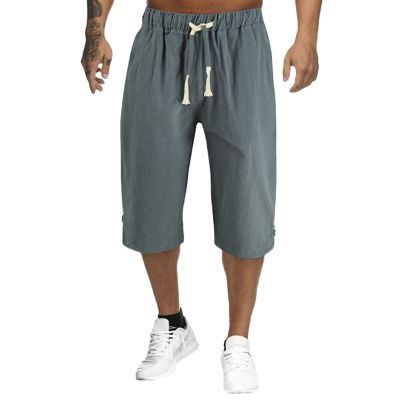 GOKKILRW Mens 3/4 Linen Capri Pants Drawstring Waist Casual Loose Baggy Harem Pants Summer Beach Yoga Shorts Cropped Pants(Navy,X-Large)