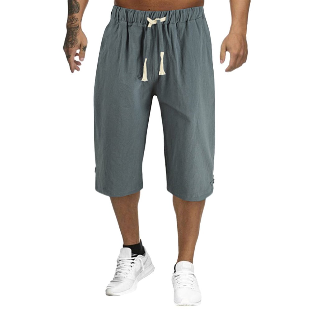 GOKKILRW Mens 3/4 Linen Capri Pants Drawstring Waist Casual Loose Baggy Harem Pants Summer Beach Yoga Shorts Cropped Pants(Navy,X-Large)