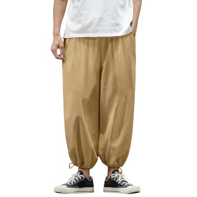 GOKKILRW Mens Cotton Linen Harem Capri Pants Lightweigt Loose Bloomers Drawstring Elastic Waist Casual Beach Yoga Trousers(Khaki,Medium)