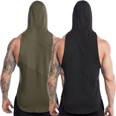ZUEVI Men's Gym Muscle Hooded Tank Tops Sleeveless Workout Hoodies Shirts Bodybuilding Stringer T Shirt (Black&Army Green-L)