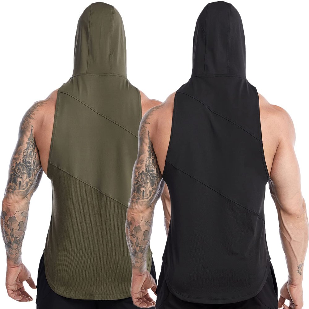 ZUEVI Men's Gym Muscle Hooded Tank Tops Sleeveless Workout Hoodies Shirts Bodybuilding Stringer T Shirt (Black&Army Green-L)
