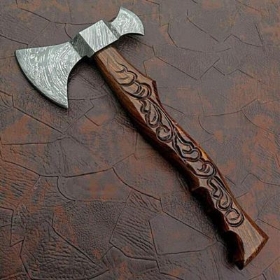 WARIVO KNIFE Custom Handmade Damascus Steel Tomahawk Axe Engraved Natural Wood Handle