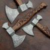 WARIVO KNIFE Custom Handmade Damascus Steel Tomahawk Axe Engraved Natural Wood Handle view 3