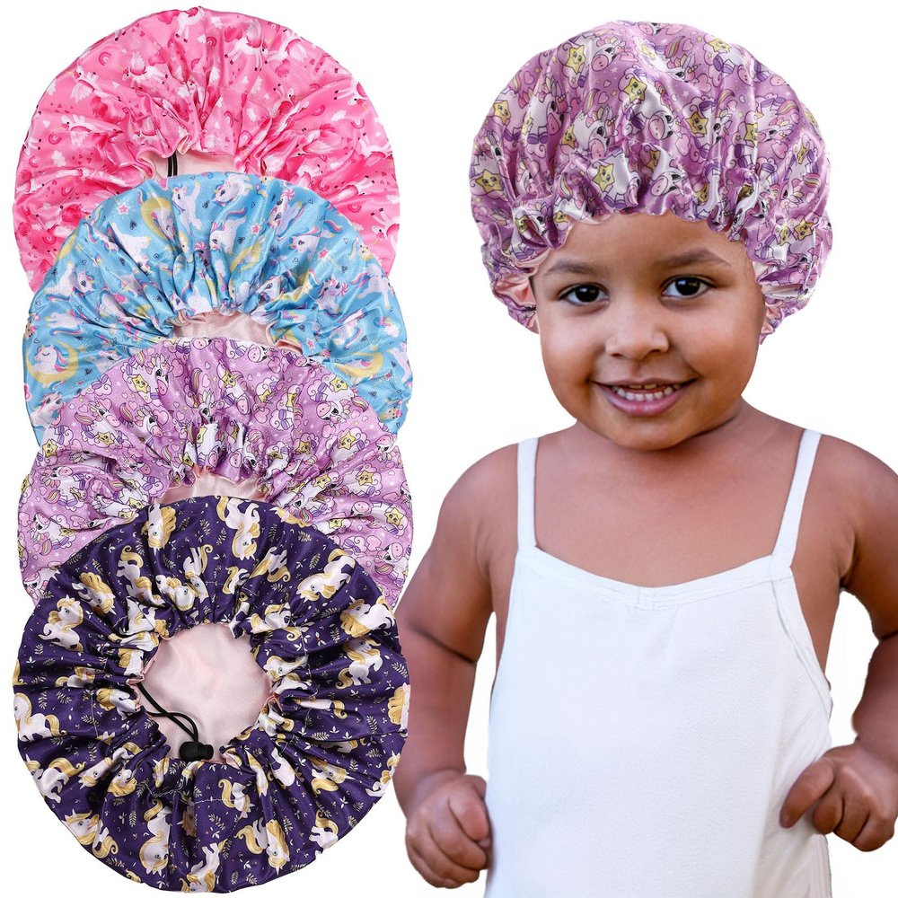 CACASO 4 Pieces Kids Satin Bonnet Sleeping Cap, Adjustable Satin Sleep Cap for Sleeping Hair, Double Layer Reversible Soft Night Hats for Natural Hair Toddler Child Baby (B-Unicorn)