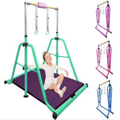 kechery Foldable Gymnastics Bar with Mat, Rings and Bar Pad for Junior Kids, 3'-5' Adjustable Height and Expandable Gymnastics Horizontal Bar Indoor Equipment for Kid's Training at Home.