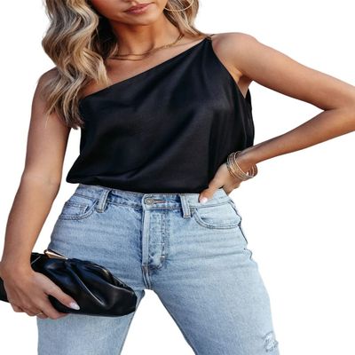 MARZXIN Sexy Tank Tops Black Satin One Shoulder Loose Tank Top for Women AsymmetricalNeck Tank Tops Black M