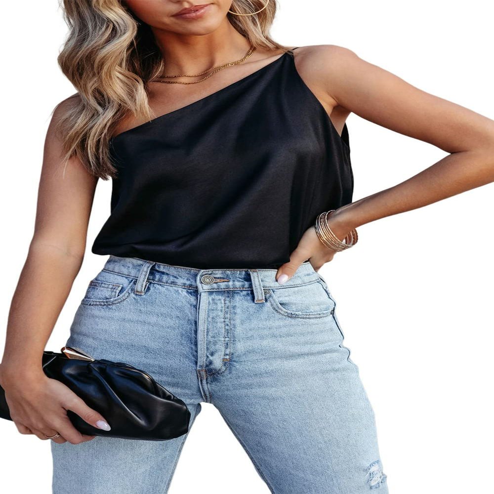 MARZXIN Sexy Tank Tops Black Satin One Shoulder Loose Tank Top for Women AsymmetricalNeck Tank Tops Black M