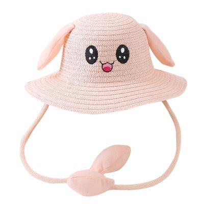 Baby Girl Straw Hat Rabbit Hat Ear Moving Jumping Hat Funny Toddler Summer Beach Hats Sun Hats for Kids (H, 1-8 Years)