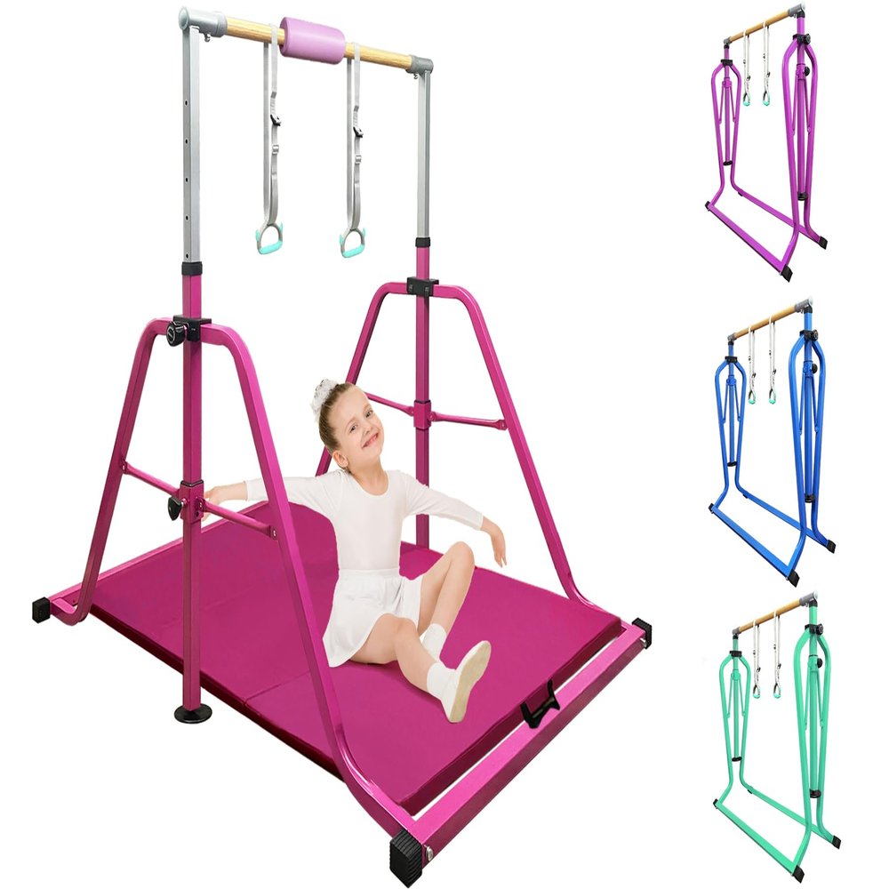 kechery Foldable Gymnastics Bar with Mat, Rings and Bar Pad for Junior Kids, 3'-8' Adjustable Height and Expandable Gymnastics Horizontal Bar Indoor Equipment for Kid's Training at Home.