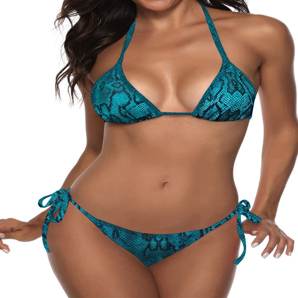 Women Two Piece Swimsuit Sexy Swimwear Halter String Triangle Bikini Sets Blue Snake L