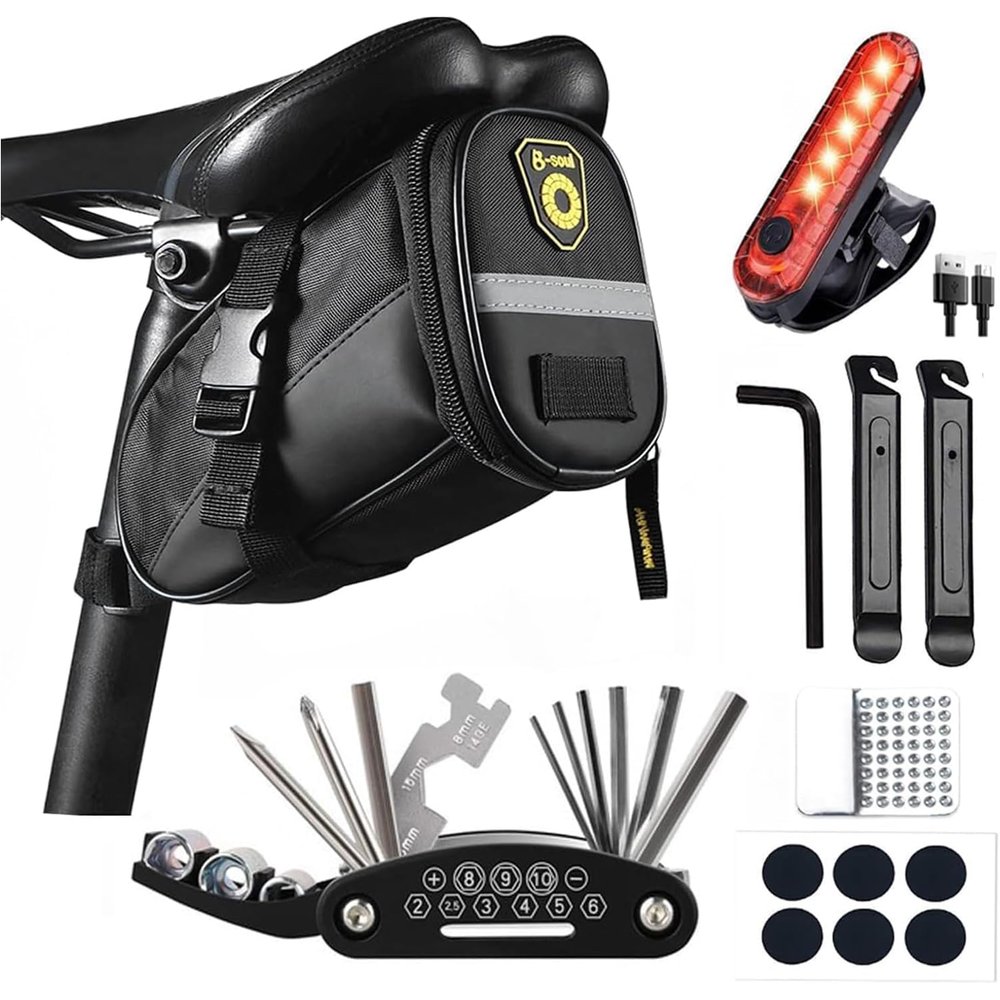 AaiLucky Bicycle Saddle Bag with 16-in-1 Multitool & Tail Light, Complete Accessories Set for Adults Road MTB Bikes, Portable Seat Bag, Waterproof, 1.5L