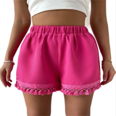 CRTGW Shorts for Women Fringe Trim High Waist Shorts (Color : Hot Pink, Size : X-Small)